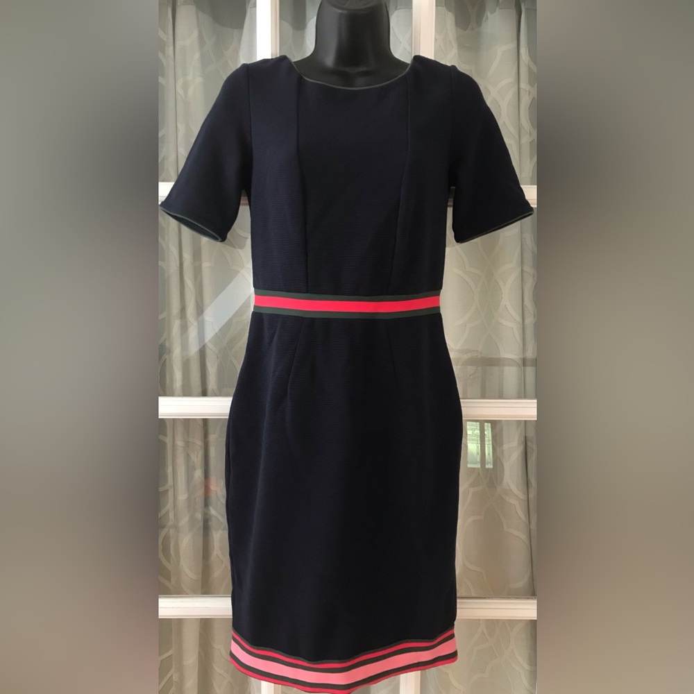 Boden US size 4P textured dress - pink and green banding at waist, bottom hem